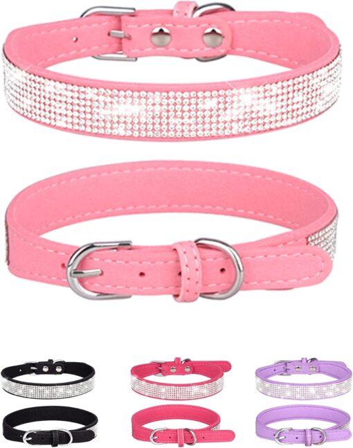 Dog Collar for Small Dogs, Adjustable Leather Suede Bling...