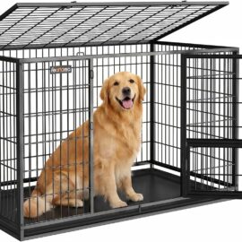 Feandrea 48 Inch Heavy Duty Dog Crate, Metal Escape Proof Dog Kennel with Double Doors and Convenient Feeding Door, Removable Tray, Easy to Clean, XXL Dog Crate for Large and Medium Dogs, Black