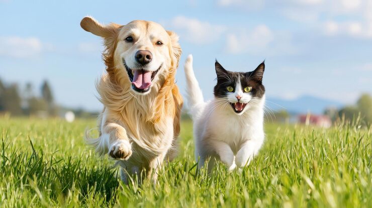 Happy dog cat running green grass field hi2y