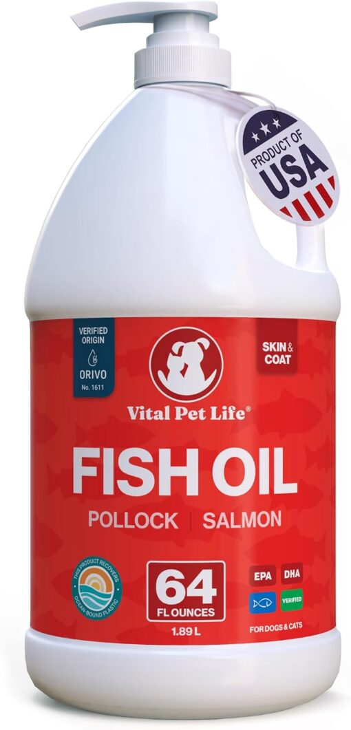 Fish Oil for Dogs, Healthy Skin & Coat Salmon Pollock Liquid Omega 3, 64 oz | Soft Shiny Glossy Coat, EPA DHA, Immune System & Heart Function Support, Normal Shedding, Supplement for Pets