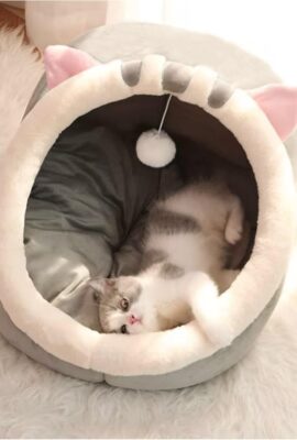 Andiker Cat Beds for Indoor Cats, Semi-Enclosed Cat Cave Bed with a Plush Ball Large Space for Cats to Sleep Soft and Comfortable Covered Cat Bed with a Washable and Detachable Mat (L, Grey)