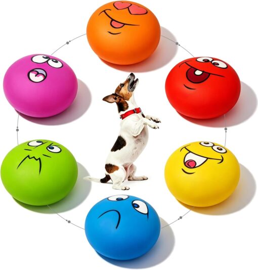 HOLYSTEED Latex Squeaky Dog Toys for Small Dogs, Mini Breed, 2.2" Flat Ball | 2.2"x2.2"x1.3" Flat Squeaky Balls 6pcs, Soft Small Dog Toys Chewing Squeak Toy, Smile Face Fetch Puppy Pet Toy with Squeaker