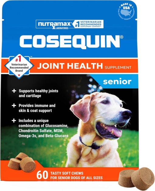 Nutramax Cosequin Dog Joint Supplement for Senior Dogs, Soft Chews, 60ct | Glucosamine + Chondroitin, MSM, Omega-3s, Beta-Glucan, Promotes Skin & Coat, Immune Health, Joint Support for Older Dogs