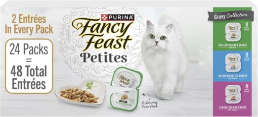 Purina Fancy Feast Petites Gravy Wet Cat Food Variety Pack, 2.8 oz, 24-Pack | 48 single servings made with Chicken or Fish, and no artificial colors or preservatives. Convenient break-apart tubs