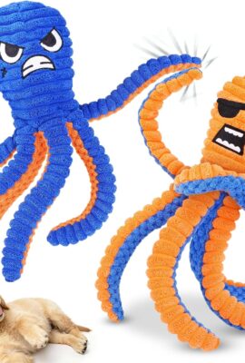 Zeaxuie Interactive Dog Toys for Chewers, 2 Pack No Stuffing Dog Toys for Teething, Squeaky Chew Toy to Keep Them Busy for Small and Medium Breed, Crinkle Octopus