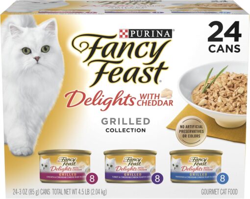 Purina Fancy Feast Delights with Cheddar Wet Cat Food, 3 oz cans, 24-Pack | Grilled Chicken, Turkey or Whitefish in Gravy recipes with no artificial colors or preservatives