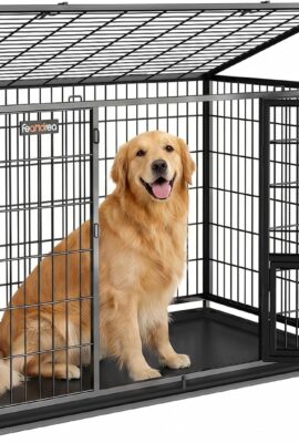 Feandrea 48 Inch Heavy Duty Dog Crate, Metal Escape Proof Dog Kennel with Double Doors and Convenient Feeding Door, Removable Tray, Easy to Clean, XXL Dog Crate for Large and Medium Dogs, Black