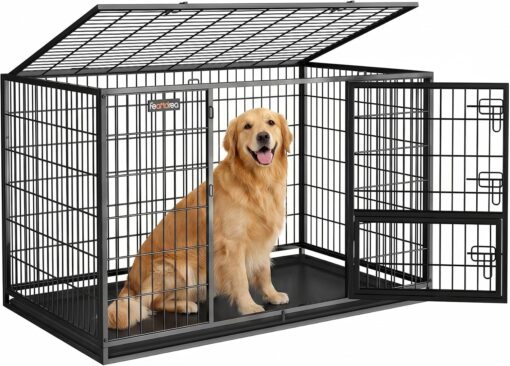 Feandrea 48 Inch Heavy Duty Dog Crate, Metal Escape Proof Dog Kennel with Double Doors and Convenient Feeding Door, Removable Tray, Easy to Clean, XXL Dog Crate for Large and Medium Dogs, Black