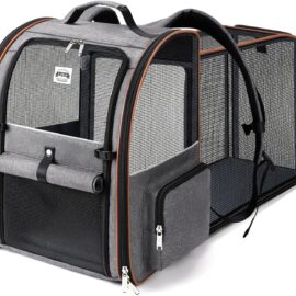 Cat Carrier Backpack, Expandable Pet Carrier with Sun Shade & Full Front Opening, Breathable Mesh Backpack for Small Dogs & Medium Cats Up to 18 Lbs, Foldable for Hiking, Camping (Grey)