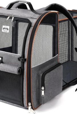 Cat Carrier Backpack, Expandable Pet Carrier with Sun Shade & Full Front Opening, Breathable Mesh Backpack for Small Dogs & Medium Cats Up to 18 Lbs, Foldable for Hiking, Camping (Grey)
