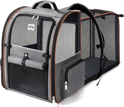 Cat Carrier Backpack, Expandable Pet Carrier with Sun Shade & Full Front Opening, Breathable Mesh Backpack for Small Dogs & Medium Cats Up to 18 Lbs, Foldable for Hiking, Camping (Grey)