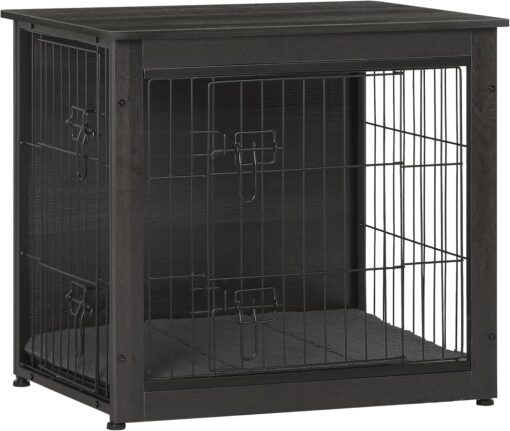 DWANTON 27" Dog Crate Furniture, Dog Kennel Indoor, with Waterproof Cushion | Small Wooden Kennel Table Indoor, Double Doors, Decorative Pet House as TV/Night Stand Side/End Table, Dark Gray