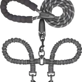 iYoShop Double Dog Leash, 360° Swivel, No Tangle, Large, 25-150 lbs, Black | Dual Leash for Two Dogs, Split Leash, Shock-Absorbing Bungee, Padded Handle, Heavy-Duty Rope