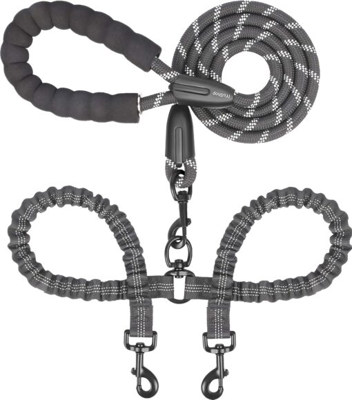 iYoShop Double Dog Leash, 360° Swivel, No Tangle, Large, 25-150 lbs, Black | Dual Leash for Two Dogs, Split Leash, Shock-Absorbing Bungee, Padded Handle, Heavy-Duty Rope