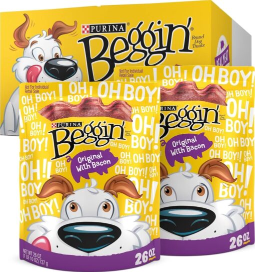 Purina Beggin' Strips Dog Treats, Original with Bacon, (2) 26 oz Pouches | Big bacony flavor in a soft, easy-to-chew texture, with real meat as the first ingredient and no artificial flavors