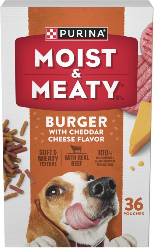 Purina Moist & Meaty Soft Dog Food Pouches, 36 ct | Burger With Cheddar Cheese Flavor adult dog food, made with real beef, individual pouches, no-mess meal or tasty treat