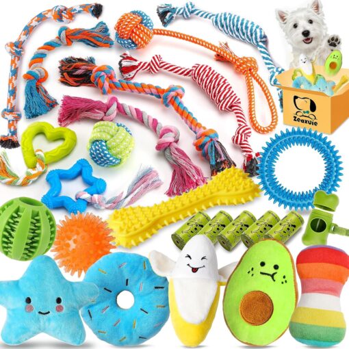 Zeaxuie 25 Pack Luxury Dog Chew Toys for Puppy, Dog Toys with Ropes, Treat Ball and Squeaky Puppy Toys for Teething Small Dogs