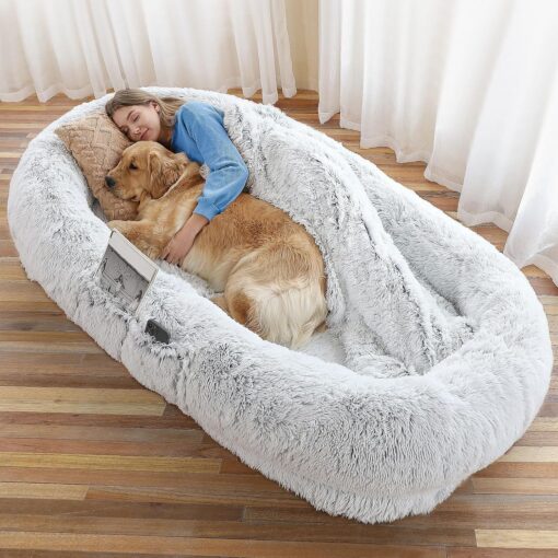 WROS Human Dog Bed - 71"x45"x12" Fits You & Pets, Washable Faux Fur, Orthopedic, Plump Pillow, Blanket, Strap - Grey